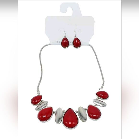 Semi Precious Red & Silver Necklace Earring Set NWT 18" - Picture 1 of 2